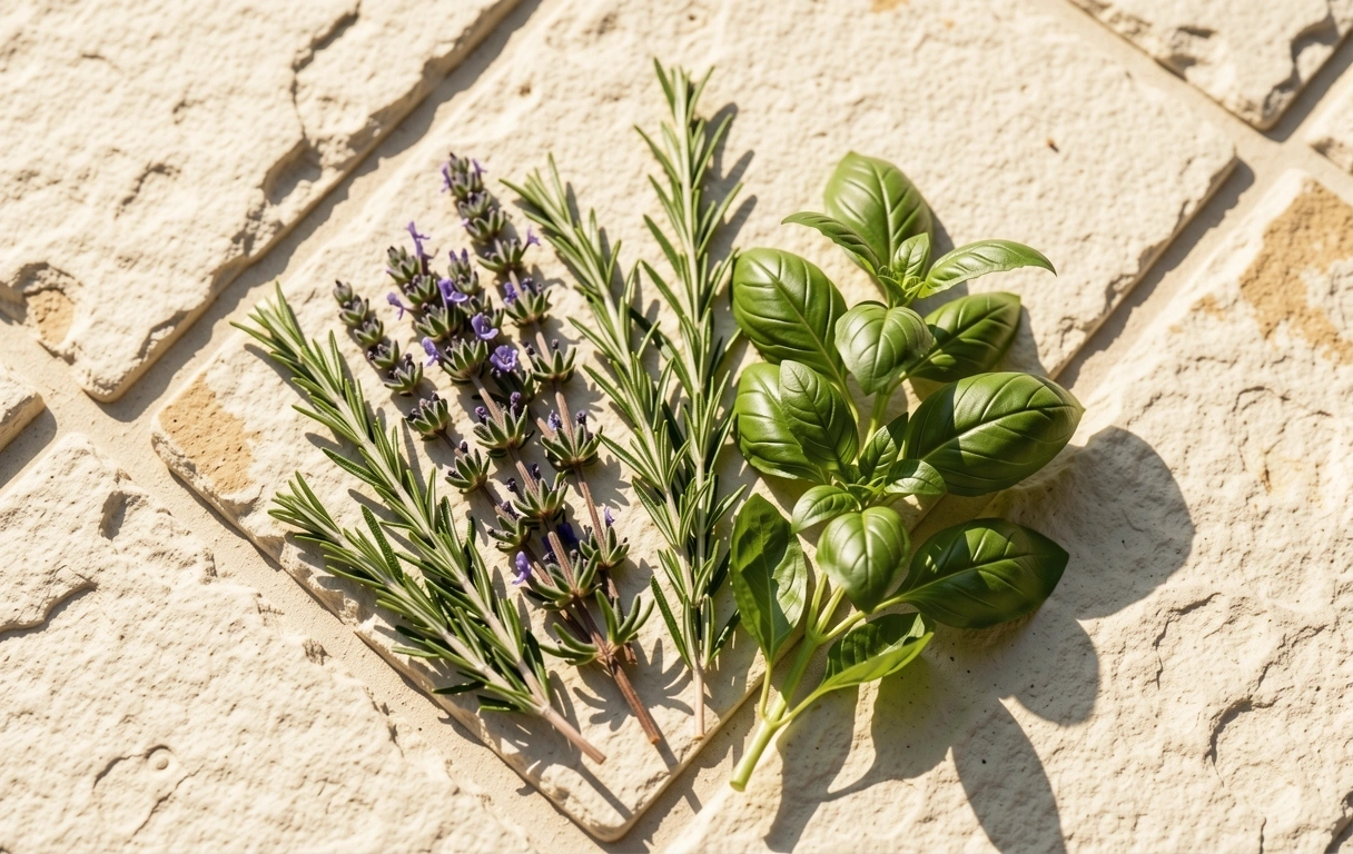 Erbe botaniche fresche su pietra calcarea